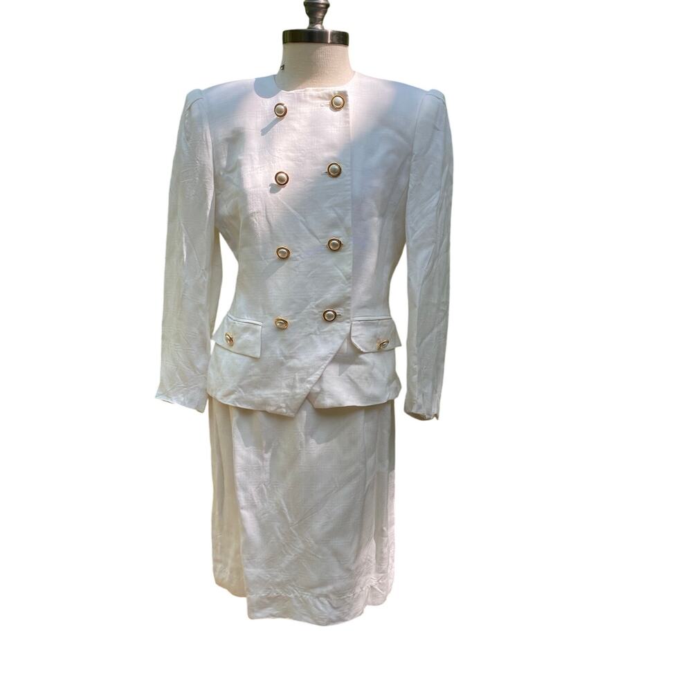 Albert Nipon Suit Creamy White Gold Button Skirt Suit Old Money Size 6